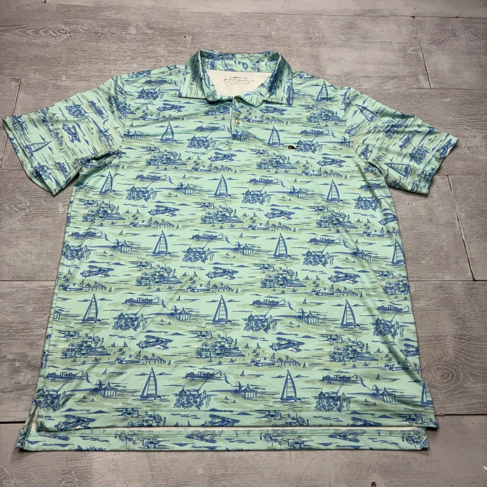 Vineyard Vines On-The-Go Sankaty Polo Mens Large Green Nautical Sailboat Golf